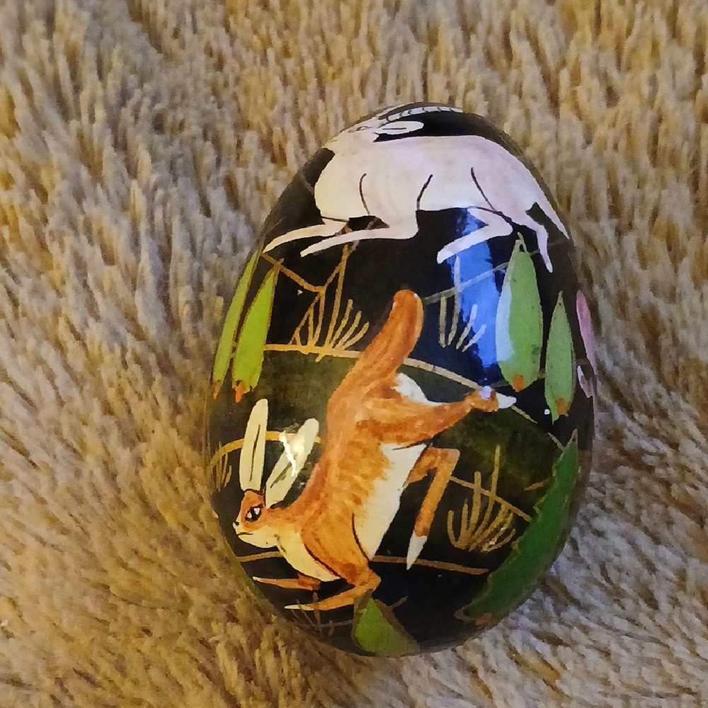 Decorative Wood Egg with Animal Design Fox Antelope Squirel Deer Trees